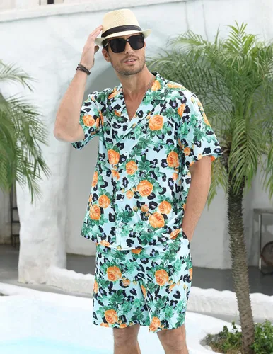 Vista 4 de LUCKYOUNG Conjunto de camisa hawaiana y pantalón corto para hombre, 2 piezas, camisa de manga corta con botones, trajes de vacaciones en la playa