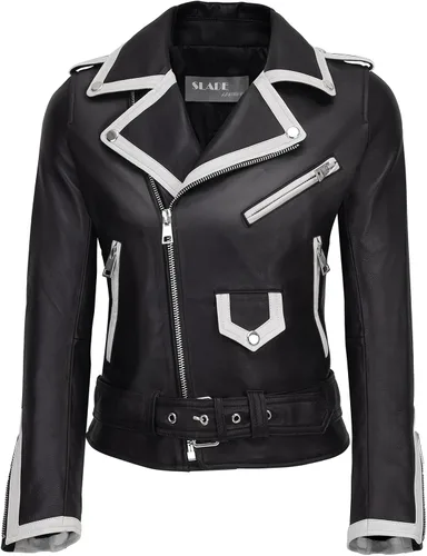 Vista 2 de Chaqueta clásica de piel de cordero negra para mujer con correas blancas - Cynthia