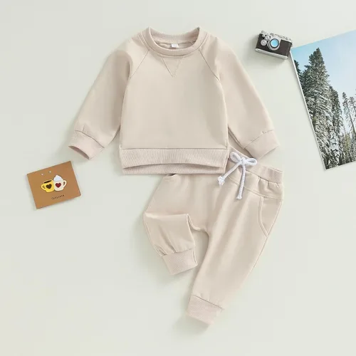 Vista 2 de Conjunto de 2 piezas de sudadera de manga larga para bebé niño y niña, color liso, 2 piezas, para otoño e invierno