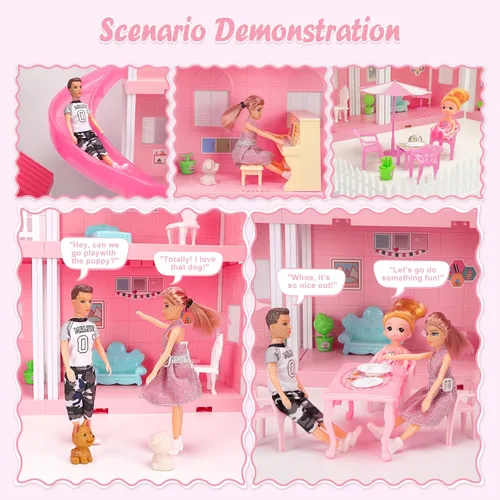 Vista 7 de Juego de casa de muñecas de ensueño para niñas, casa de muñecas de princesa con 4 pisos, 10 áreas, 2 muñecas, luces, mascotas, muebles y accesorios