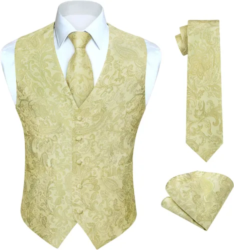 Vista 17 de HISDERN Conjunto de 3 piezas de chaleco formal para hombre, chaleco formal de cachemira floral jacquard corbata bolsillo cuadrado chalecos