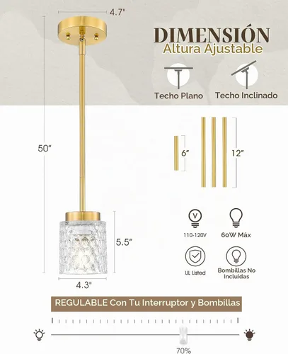 Vista 6 de FEMILA Lámpara Colgante Dorada, Accesorios de Iluminación Colgante de 4", Iluminación para Isla de Cocina, Vidrio Martilleado, Base E26, 4FY86MIL BG