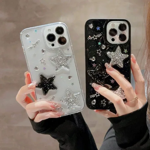Vista 3 de Funda para iPhone 11 con diseño de estrellas 3D con corazones brillantes y diamantes con purpurina Y2K Spark de lujo, diseño femenino estético