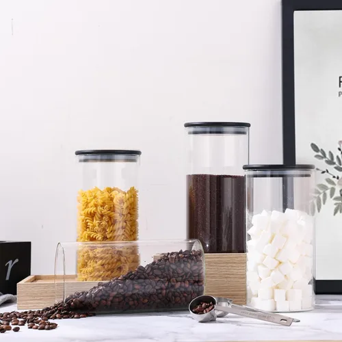 Vista 8 de ZOMUIA Rustic Modern Black - 2 tarros pequeños de almacenamiento de café de 44 onzas con estante, 2 recipientes de café de vidrio herméticos