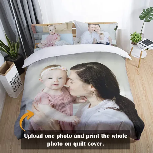 Vista 2 de Guf Juego de ropa de cama personalizada con foto, juego de funda de edredón personalizada de 3 piezas, funda de edredón personalizada con texto