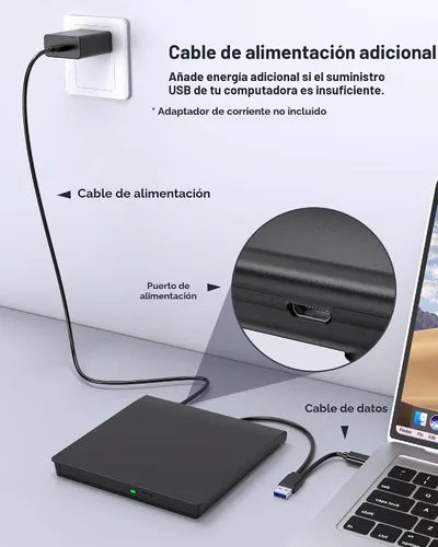 Vista 7 de ROOFULL - Unidad externa de CD y DVD para portátil USB 3.0 Tipo-C, ultra delgada
