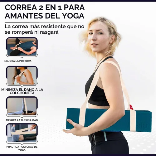 Vista 5 de Correas para esterilla de yoga 2 en 1 – Algodón – Correas antideslizantes ajustables para yoga, pilates, estiramiento, para llevar esteras