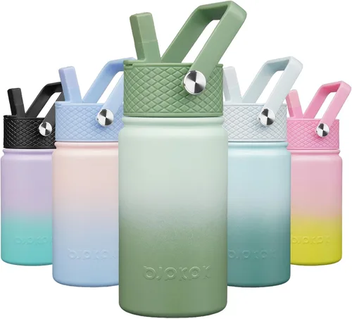 Vista 70 de BJPKPK Botella de agua con tapa con pajilla, botella de agua aislada de 15 onzas, botellas de agua de metal de acero inoxidable, termo reutilizable