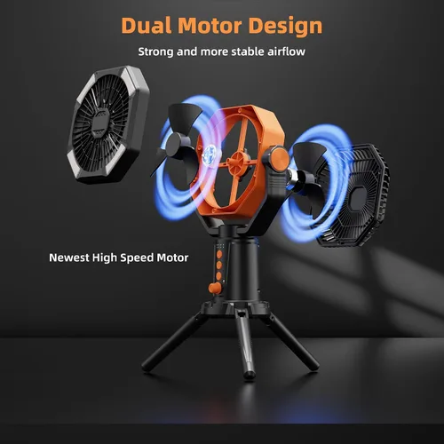 Vista 5 de MORIKO Trípode de ventiladores de mesa, 20000 mAh, recargable, funciona con pilas, ventilador portátil para tienda de campaña con linterna LED