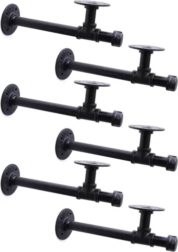 Vista 9 de Soportes de estante de tubo industrial de 3/4", soportes de estantería DIY de hierro negro montados en pared para colgar, soportes de tubería