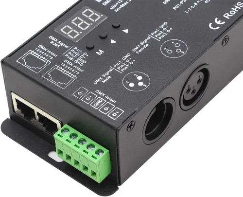 Vista 5 de Novabright Regis 4CH D4-XE 32A PWM sin parpadeo suave atenuación 12V-36V Pantalla digital 8000Hz para luces LED RGBW 8A/CH Premium DMX Decodificador