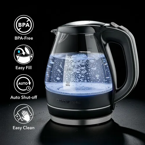 Vista 2 de OVENTE Electric Kettle, 1.5L Borosilicate Glass Countertop Water Heater and Boiler for Coffee or Tea, BPA-Free, Auto Shut-Off, Boil-Dry Protection