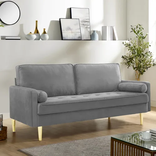 Vista 8 de Sofá LoveSeat de 67 pulgadas, sofá biplaza, sofás modernos de tela de terciopelo con diseño de puntos con dos almohadas redondas para espacios