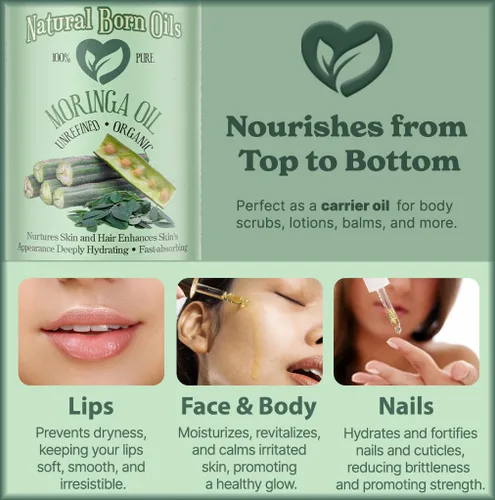 Vista 7 de Natural Born Oils Aceite de moringa, 8oz, orgánico, prensado en frío, rico en vitaminas A y C, ideal para hidratar la piel, fortalecer el cabello