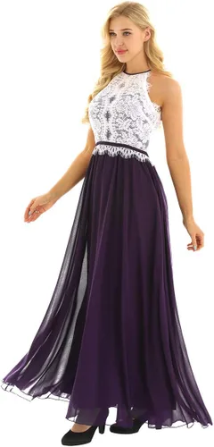 Vista 4 de iEFiEL Vestido de noche de gasa con cuello redondo y encaje en línea A para mujer
