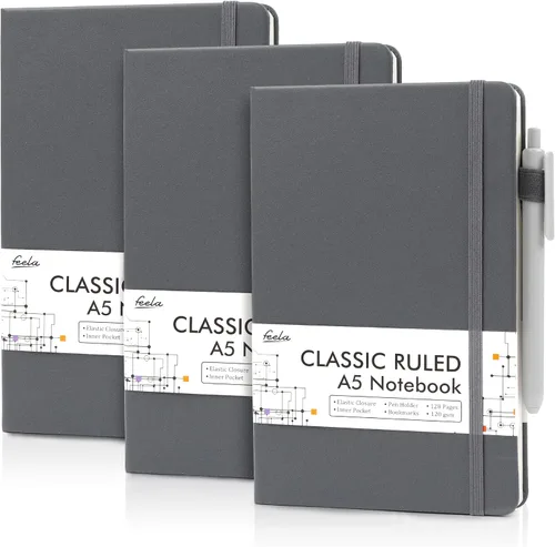 Vista 19 de feela Paquete de 3 Cuadernos Diarios a Granel, Cuaderno de Tapa Dura Clásico con Rayas Rayado Diarios con Soporte para Bolígrafo para Mujeres Niñas