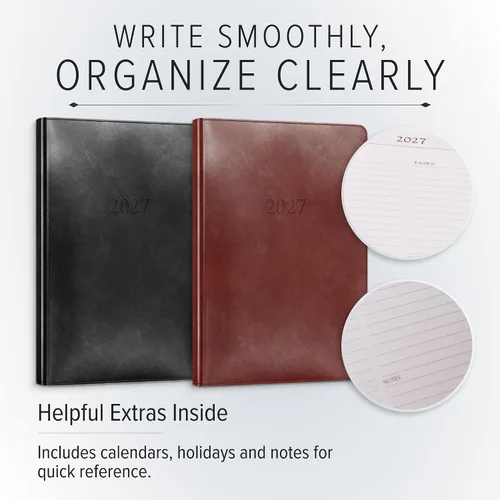 Vista 3 de Gallery Leather Agenda diaria 2027 Acadia páginas doradas y negras Agenda y cuaderno diario elegantemente encuadernado con elegantes bordes