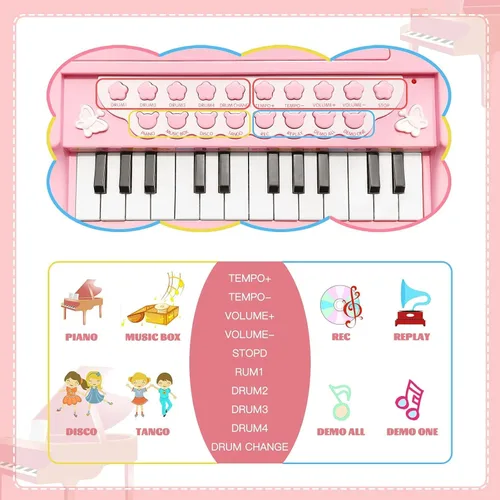 Vista 5 de Love & Mini - Piano/teclado de juguete para niños de 3 a 5 años como regalo de cumpleaños, con 24 teclas, color rosa; instrumento musical de juguete