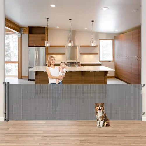Vista 13 de Puertas retráctiles para bebés para puertas, puerta retráctil para perros de 55 pulgadas de ancho para escaleras, puertas de malla para perros
