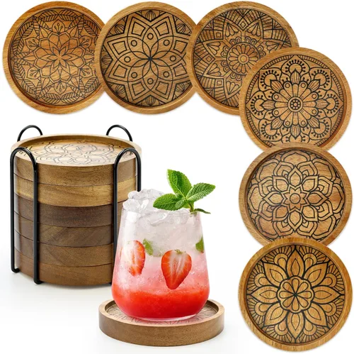 Vista 9 de Juego de 6 posavasos únicos de madera de acacia con soporte