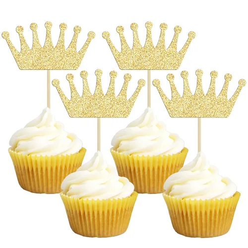 Vista 10 de Gyufise 24 piezas de decoración para cupcakes de primer cumpleaños, corona con purpurina, para baby shower, 1er cumpleaños, decoración de tartas