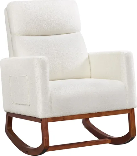Vista 12 de Yaheetech Silla mecedora para sala de estar, silla deslizante tapizada con bolsillo lateral, silla decorativa moderna con respaldo alto cómodo Beige