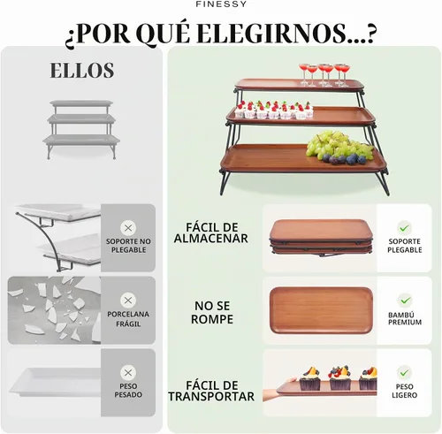 Vista 9 de FINESSY Tableros de embutidos de bambú oscuro, soporte de bandeja de servir