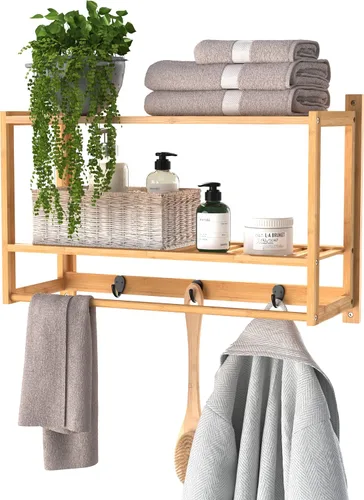 Vista 9 de ClosetMaid Estante de pared de bambú con toallero, estantes de almacenamiento de montaje en pared, estante organizador, acabado natural