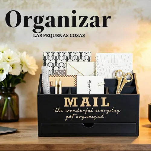 Vista 4 de EXQUIDECA Soporte rústico negro de madera para almacenamiento de correo de encimera con cajón y compartimentos - Accesorios de escritorio de oficina