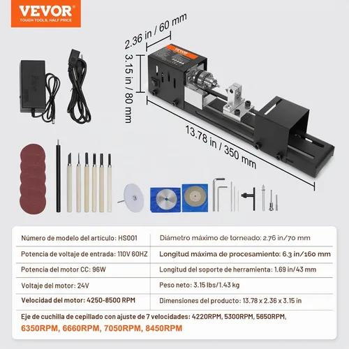 Vista 7 de VEVOR Mini máquina de torno, 7 cm x 16 cm, Mini herramientas de torno para madera de 24VDC 96W, accesorios de máquina de fresado, 7 velocidades