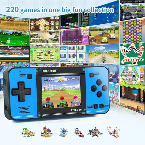 Vista 2 de Juego de mano para niños, 220 videojuegos retro precargados, reproductor de juegos portátil con batería recargable de pantalla LCD de 3.0 pulgadas