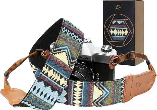 Vista 24 de Padwa Lifestyle Helios Moon God - Correa para cámara de 2 pulgadas, doble capa, extremos de piel vacuna, correas de cámara para fotógrafos, tejido