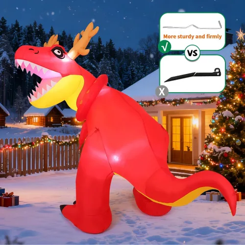 Vista 3 de COMIN - Adornos inflables de Navidad de 1.8 m para exteriores, dinosaurio con cuernos navideños, inflables con LED integrados para decoración