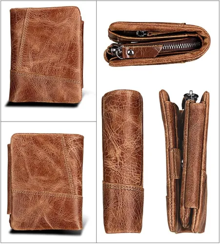 Vista 4 de CZDYUF - Cartera de cuero para hombre, billetera triple con cremallera, cartera de cuero