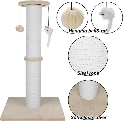 Vista 5 de Poste rascador para gatos Ahomdoo de 34 pulgadas, poste rascador para gatos resistente y más grueso de sisal con bola colgante y poste rascador