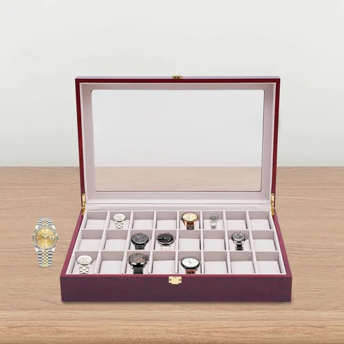 Vista 6 de Gdrasuya10 Caja organizadora de reloj de 24 ranuras para hombres, estuche retro con tapa de cristal, joyero para hombres y mujeres, soporte moderno