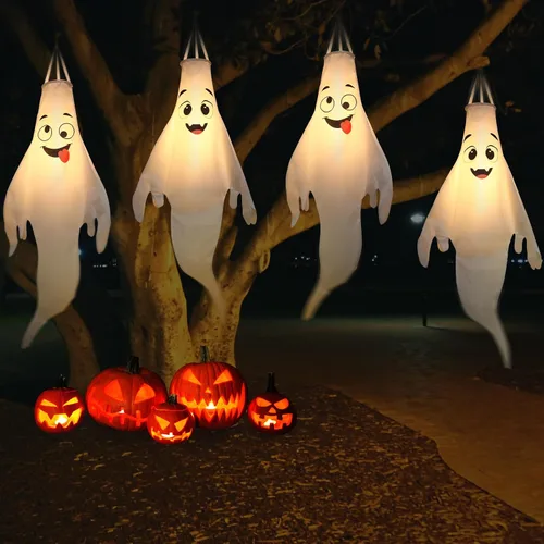 Vista 4 de Decoraciones de Halloween, para colgar al aire libre, calcetines de viento fantasma para árboles con temporizador, fantasmas LED para colgar
