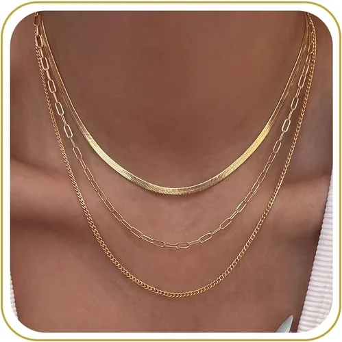 Vista 13 de Tewiky Layered Necklaces for Women Non Tarnish- Chunky 14k Gold Plated Herringbone/Snake/Rope/Box/Cuban Link Chain for Women Waterproof Layering