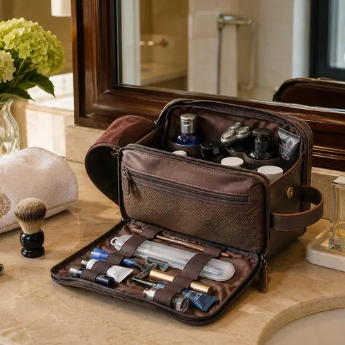 Vista 3 de Polare - Neceser de cuero de grano completo, kit de afeitado, estuche de viaje, bolsa de lavado con cremalleras YKK A- marrón oscuro