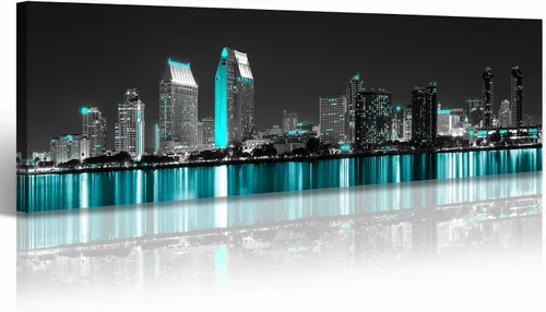 Vista 29 de JiazuGo Phoenix Skyline Arte de Pared en Lienzo - Paisaje Urbano de Arizona Enmarcado (14x48 Pulgadas) Negro y Blanco con Amarillo, Decoración