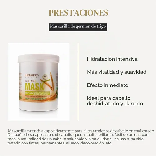 Vista 3 de Salerm - Máscara Capilar Nutritiva - 1000 ml - con Germen de Trigo - para Cabello Seco y Dañado - Hidratación Profunda del Cabello - Brillo