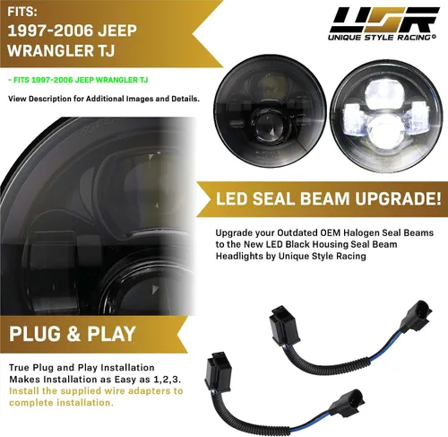 Vista 4 de USR 97-06 Wrangler TJ Faros LED de proyector redondos de 7" Pulgadas H6024 con carcasa negra 6024 Haz alto/bajo, faro sellado H6014 (Par) Compatible