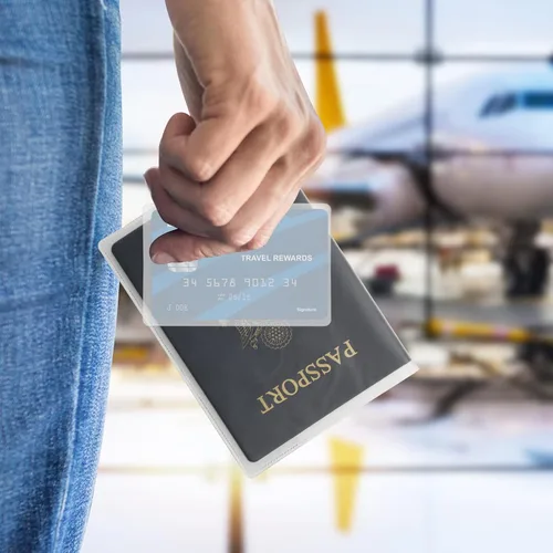 Vista 5 de Cosmos Funda de PVC translúcida para pasaporte, incluye 6 fundas para pasaporte y 12 fundas protectoras para tarjetas, cartera unisex impermeable