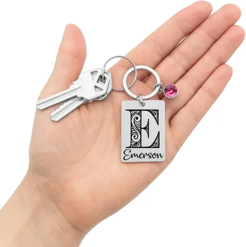 Vista 2 de Custom Initial Keychain with Birthstone – Personalized Stainless Steel Name Keychain, Engraved Monogram Gift for Men or Women, Graduation, Birthday