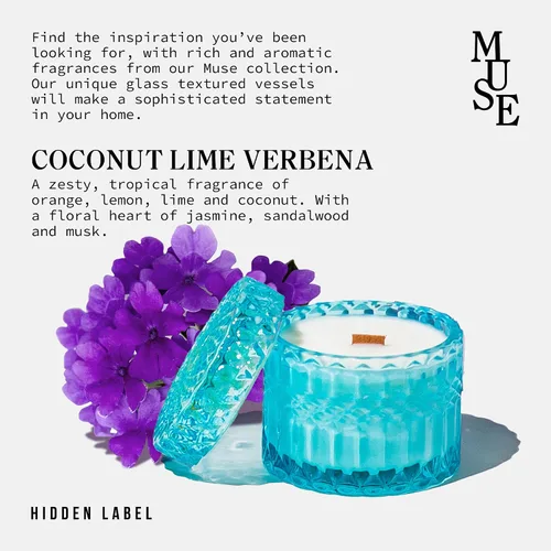 Vista 4 de Vela perfumada de verbena de coco y lima, velas de soja con mecha de madera agrietada, colección Muse de 7.4 onzas, cera de soja natural, no tóxica