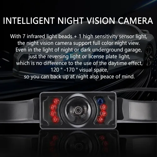 Vista 3 de Cámara de respaldo para automóviles con 8 luces, cámara de respaldo de visión nocturna SD de placa de matrícula con ángulo amplio de 170°, cámara
