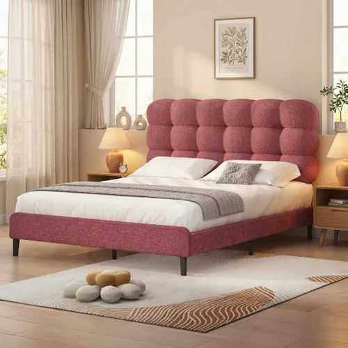 Vista 14 de Base de cama individual BarnFurin con cabecera tapizada, tela suave tipo bouclé, cama plataforma con fuerte soporte de listones de madera, diseño