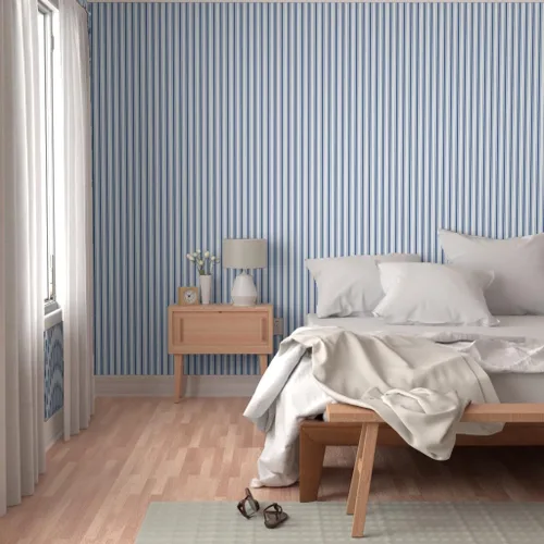 Vista 5 de Muestra de papel tapiz extraíble, diseño de rayas francesas con patrón de rayas azul oscuro, blanco, papel pintado prepegado personalizado por