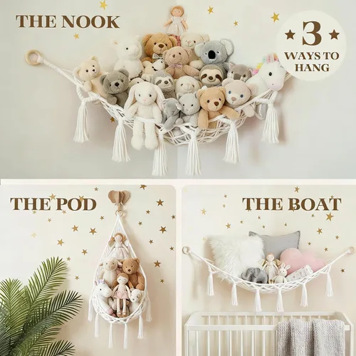 Vista 4 de Hamaca de almacenamiento de animales de peluche, red de hamaca de juguete grande para decoración de habitaciones de animales de peluche, bonita red