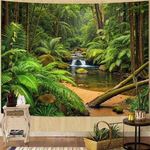 Vista 47 de Zussun Tapiz de Bosque Natural de Montaña Tapiz Verde de Pino Luz Solar Selva para Dormitorio Estético Planta Paisaje de Montaña Tapices Pequeños